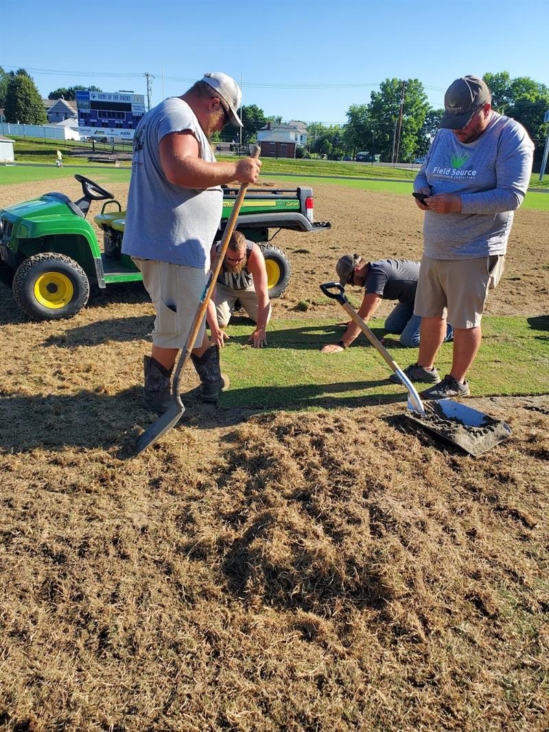 Installing sod at Tiger Stadium